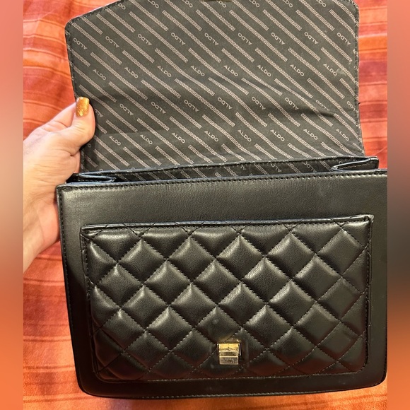 ALDO Black Quilted Satchel Purse Top Handle Gold Chain Lock Structured Bag - Picture 6 of 11